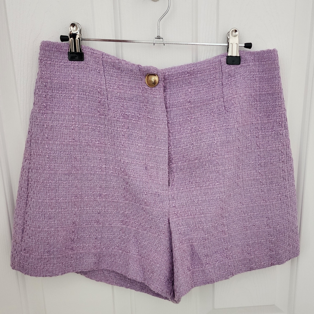 Zara Lavender Tweed High-Waist Shorts with Gold Button